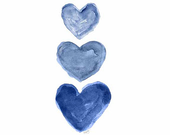 340x270 Indigo Watercolor Print 11x14 Nautical Nursery Art Navy Blue - Blue Heart Painting