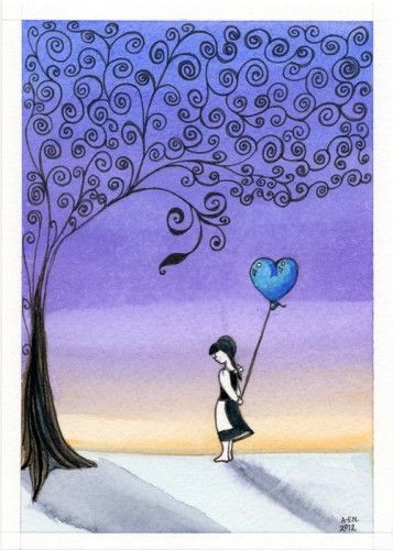 357x500 Sweetness Original Watercolor And Ink Girl Under Tree With Blue - Blue Heart Painting