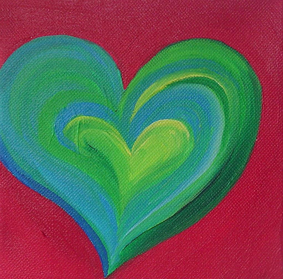 900x889 Blue And Green Heart On Red Painting By Krista Gagelman - Blue Heart Painting