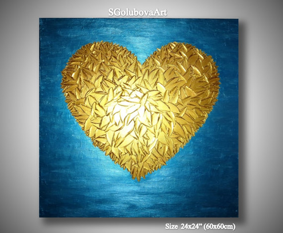 570x470 Blue Gold Heart Painting Blue Ocean Textured Painting Love - Blue Heart Painting