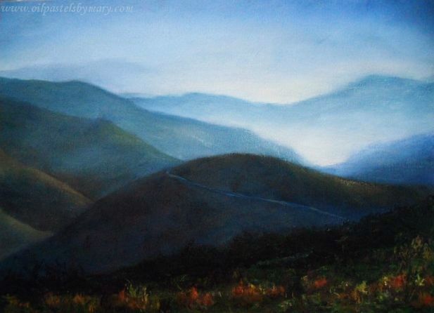 617x446 Blue Hills Oil Pastels By Mary - Blue Hill Painting