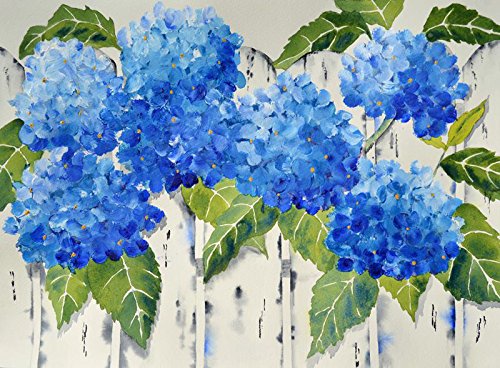 500x368 Art Print Of Blue Hydrangeas On A White Picket Fence - Blue Hydrangea Painting
