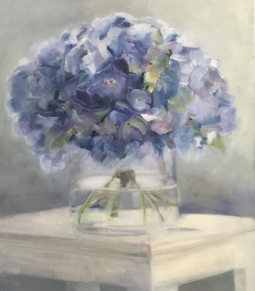 896x1024 Oil Painting Of Purple Blue Hydrangeas In A Beautiful Glass Vase - Blue Hydrangea Painting