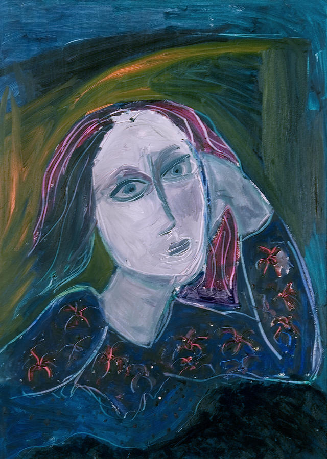 640x900 Blue Lady With Red Hair Abstract Painting By Maggis Art - Blue Lady Painting