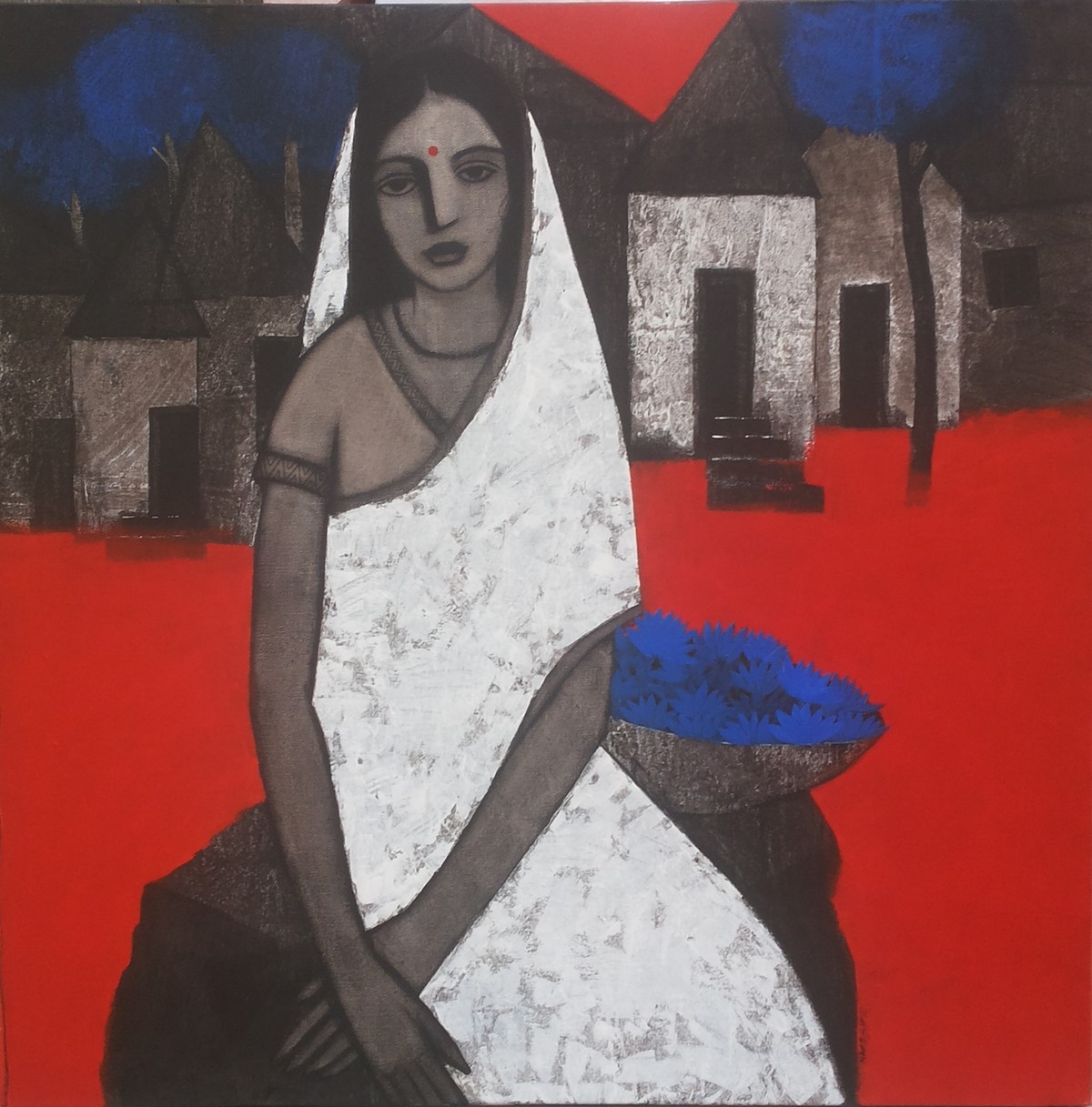 1200x1217 Village Lady With Blue Flowers By Artist Nagesh Ghodke - Blue Lady Painting