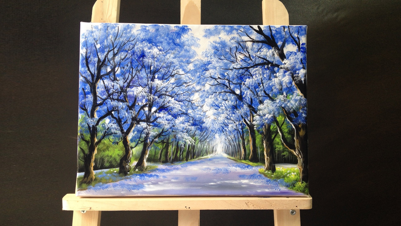 1280x720 Pretty Tree Line Road Acrylic Painting - Blue Line Painting