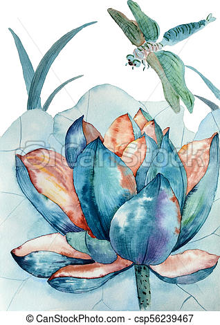 318x470 Original Watercolor Painting Of Blue Lotus And Dragonfly. Original - Blue Lotus Painting