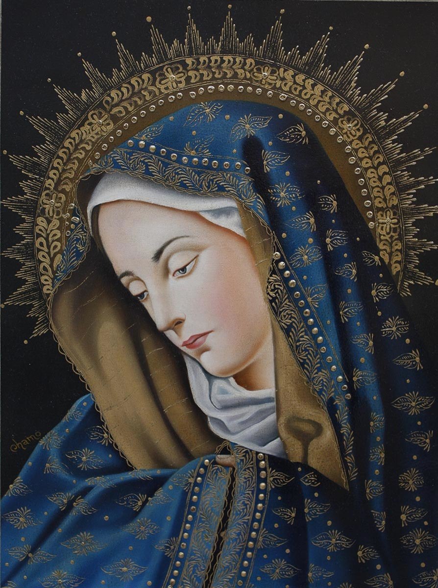 894x1200 Blue Madonna Original Signed Oil Painting By Chamo Espinoza 16x - Blue Madonna Painting