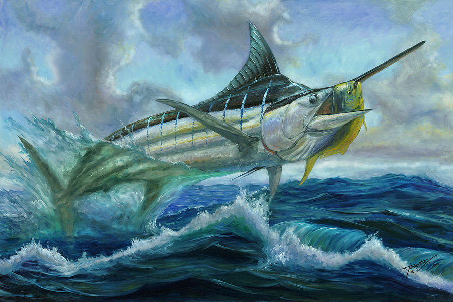 900x599 Grand Blue Marlin Jumping Eating Mahi Mahi Painting By Terry Fox - Blue Marlin Painting