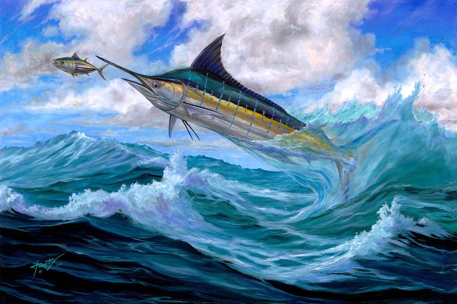 900x599 Marlin Low Flying Painting By Terry Fox - Blue Marlin Painting