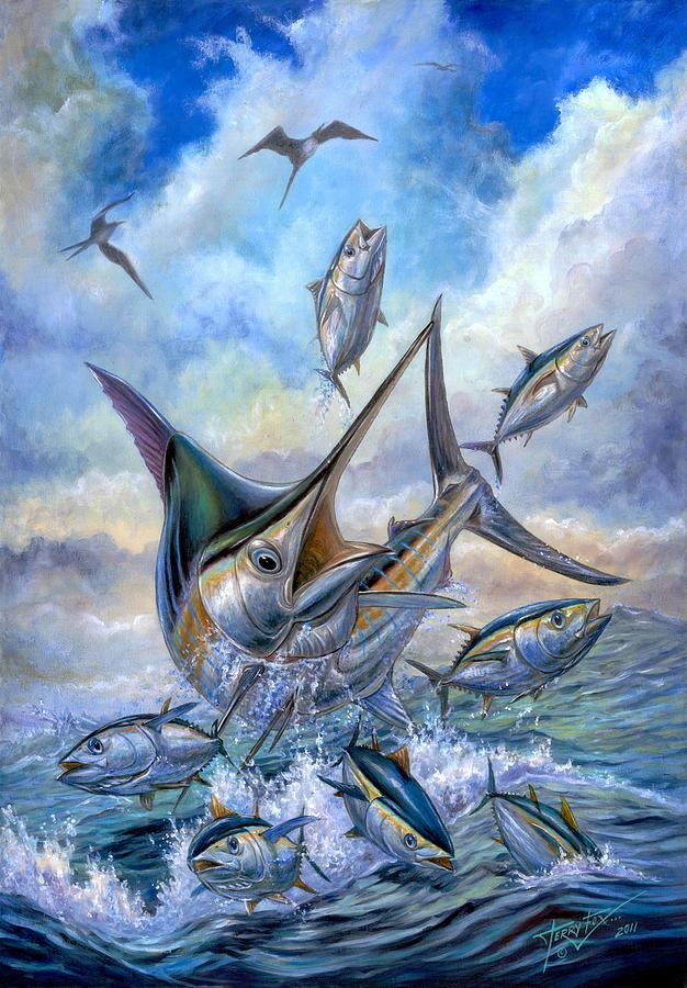 626x900 Small Tuna And Blue Marlin Jumping Painting By Terry Fox - Blue Marlin Painting