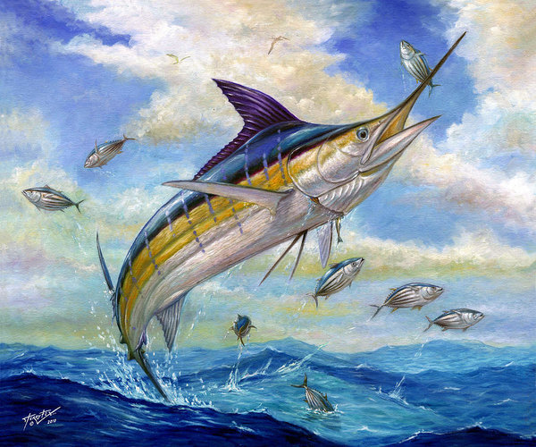 600x500 The Blue Marlin Leaping To Eat Art Print By Terry Fox - Blue Marlin Painting