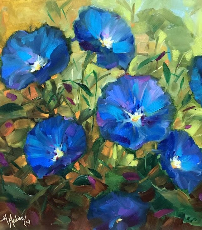 648x736 Starlight Blue Morning Glories By Artist Nancy Medina, - Blue Morning Glories Painting