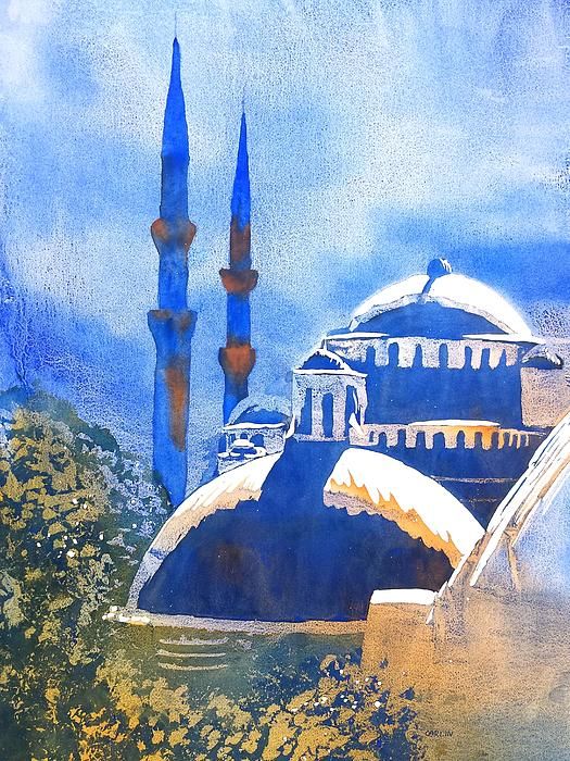 525x700 Blue Mosque In Blues Watercolor Painting By Carlin Blahnik. - Blue Mosque Painting