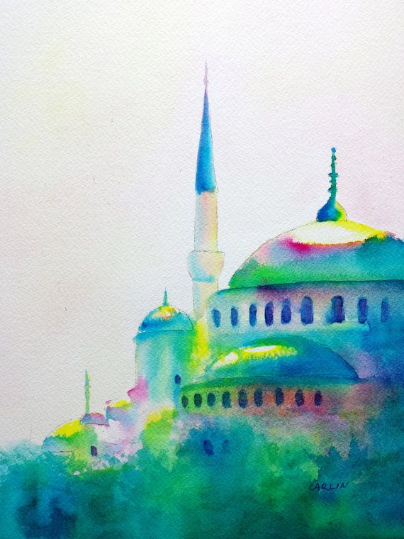570x760 Original Watercolor Painting, Landmark, Blue Mosque, Istanbul - Blue Mosque Painting
