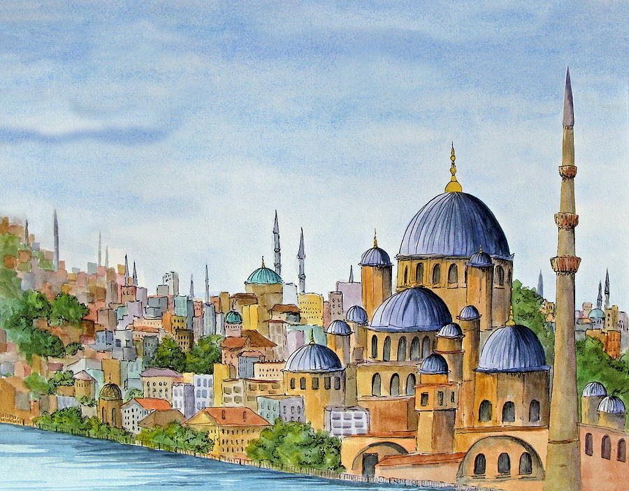 900x703 The Blue Mosque In Istanbul Turkey Painting By Bonnie Sue Schwartz - Blue Mosque Painting