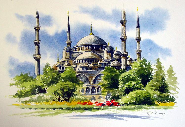 750x514 Watercolor Painting Of The Blue Mosque - Blue Mosque Painting