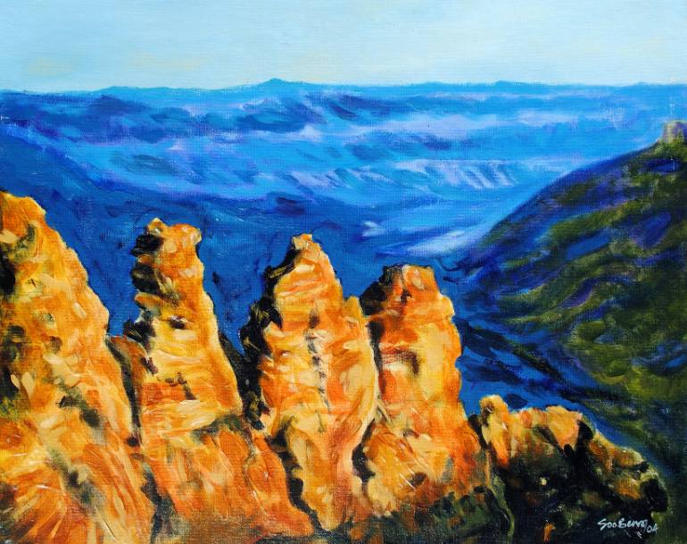 770x609 Saatchi Art Three Sisters Blue Mountain Painting By Soo Beng Lim - Blue Mountain Painting