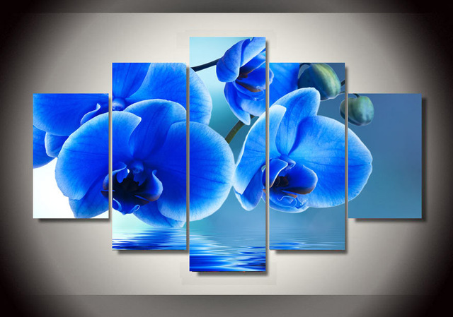 640x449 Hot Sale 5 Piecesset Blue Orchid Flowers Group Painting Canvas - Blue Orchid Painting