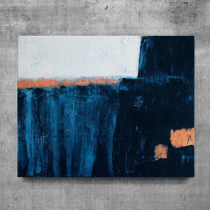690x690 Blue And White Abstract, Navy Blue And Copper By Semelart On Zibbet - Blue Painting Canvas