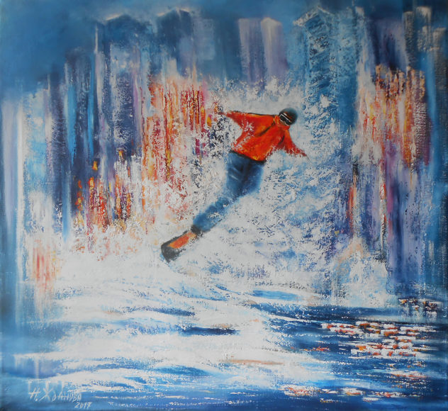 632x580 Painting Of Snowboarders Snowboard Art Canvas Snowboard Art For Sale - Blue Painting Canvas
