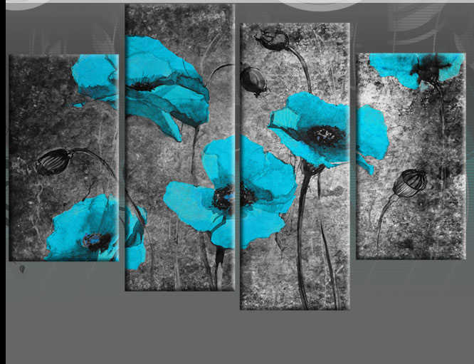 666x511 Turquoise Blue Poppies On Black Painting With Mockled Abstract - Blue Painting Canvas