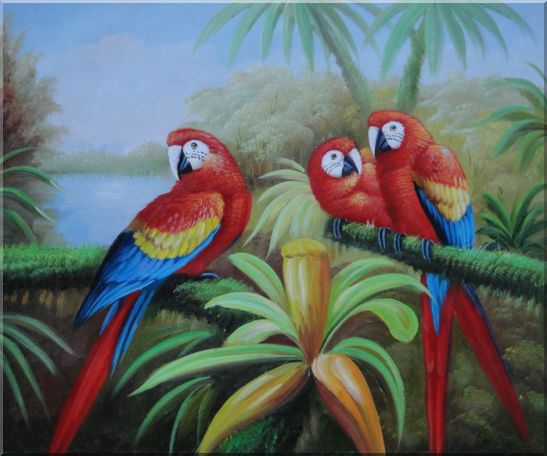 547x456 Framed Three Red And Blue Parrots On Tree Oil Painting Animal - Blue Parrot Painting