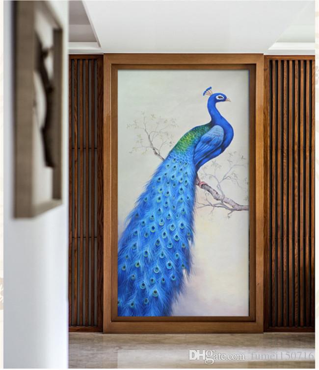 650x755 Blue Peacock Whole Wall Wallpaper European Oil Painting Entrance - Blue Peacock Painting