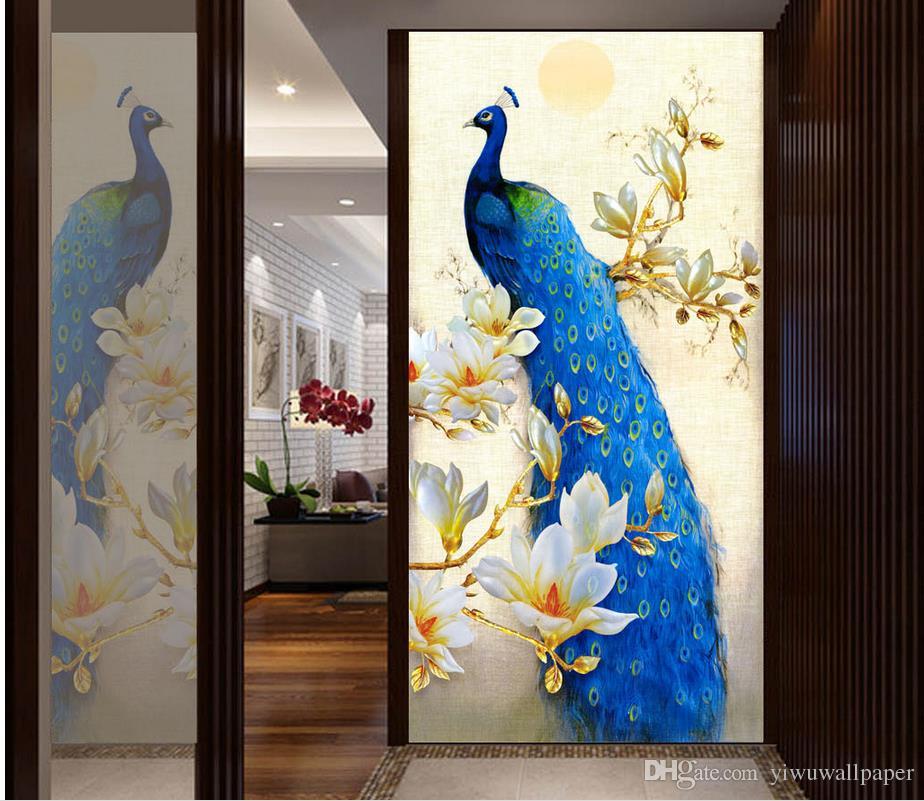 924x801 Noble Blue Peacock Magnolia Oil Painting Mystery Mural 3d - Blue Peacock Painting