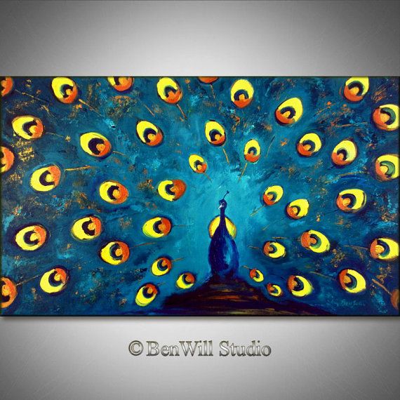 570x570 Original Peacock Art Large Turquoise Blue Peacock Painting Oil - Blue Peacock Painting