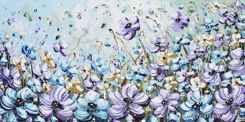 480x240 Giclee Print Art Abstract Painting Purple Blue Flowers Poppies - Blue Poppies Painting