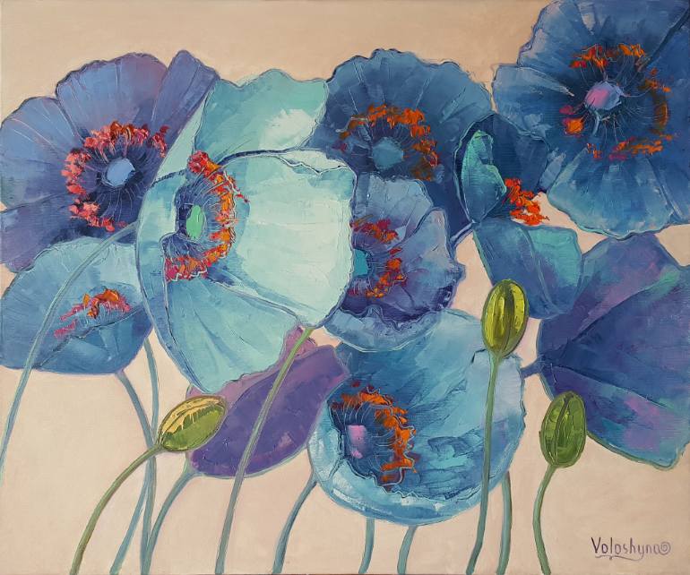770x642 Saatchi Art Blue Poppies Painting By Mariia Voloshyna - Blue Poppies Painting