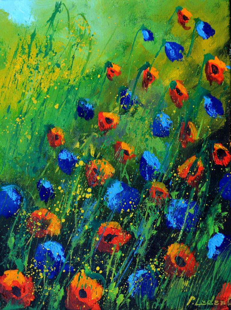 770x1033 Saatchi Art Red And Blue Poppies Painting By Pol Ledent - Blue Poppies Painting