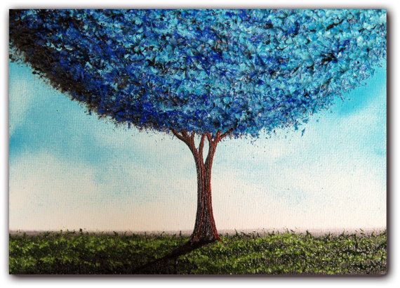 570x410 Original Art, Modern Landscape Painting With Blue Tree Painting - Blue Tree Painting