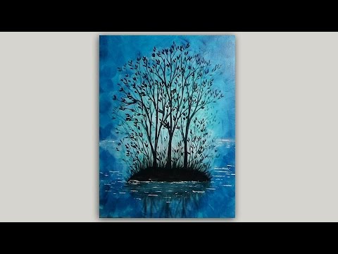 480x360 Sunrise Island And Trees Silhouette Painting Step By Step Tutorial - Blue Tree Painting