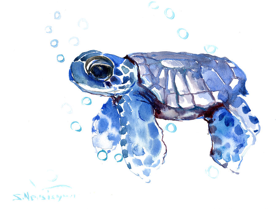 900x681 Baby Blue Sea Turtle Painting By Suren Nersisyan - Blue Turtle Painting