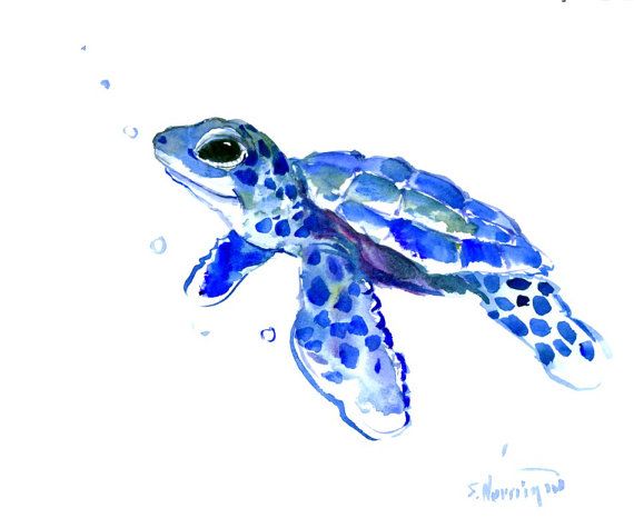 570x466 Sea Turtle Art Blue Painting Children Room Original Watercolor One - Blue Turtle Painting