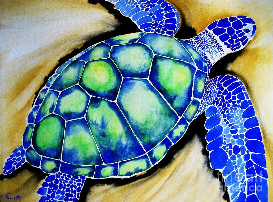 900x668 Blue Turtle Painting By Frances Ku - Blue Turtle Painting