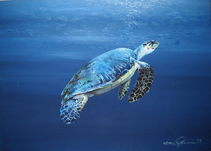 900x645 Blue Turtle Painting By Lorena Garnerone - Blue Turtle Painting