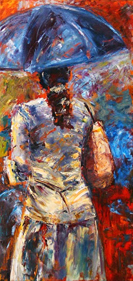 260x550 Contemporary Artists Of Texas Rainy City Painting, Abstract - Blue Umbrella Painting