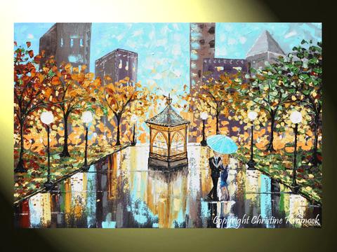 480x360 Giclee Print Art Abstract Painting Couple Blue Umbrella City Park - Blue Umbrella Painting