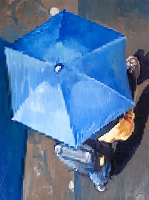 522x700 Love This Oil Painting From Ugallery. Man With Backpack Under Blue - Blue Umbrella Painting