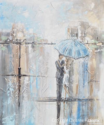 401x480 Original Art Abstract Painting Couple W Umbrella Romantic Dance - Blue Umbrella Painting
