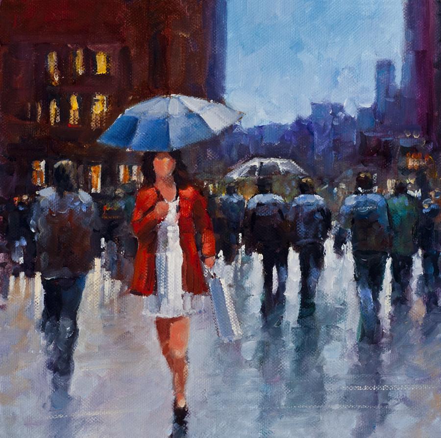 900x894 Painting Print Of Girl In A Red Jacket And Umbrella In The City - Blue Umbrella Painting