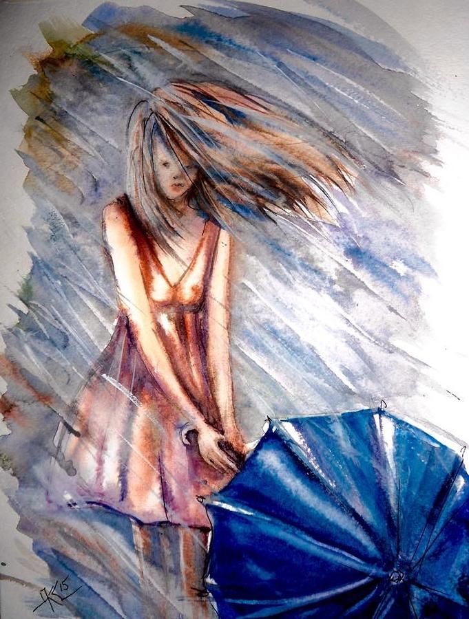 681x900 The Girl With A Blue Umbrella Painting By Katerina Kovatcheva - Blue Umbrella Painting