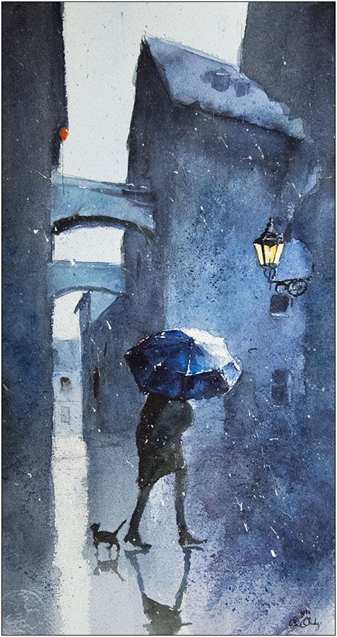 477x900 Blue Umbrella And A Cat By On @ - Blue Umbrella Painting