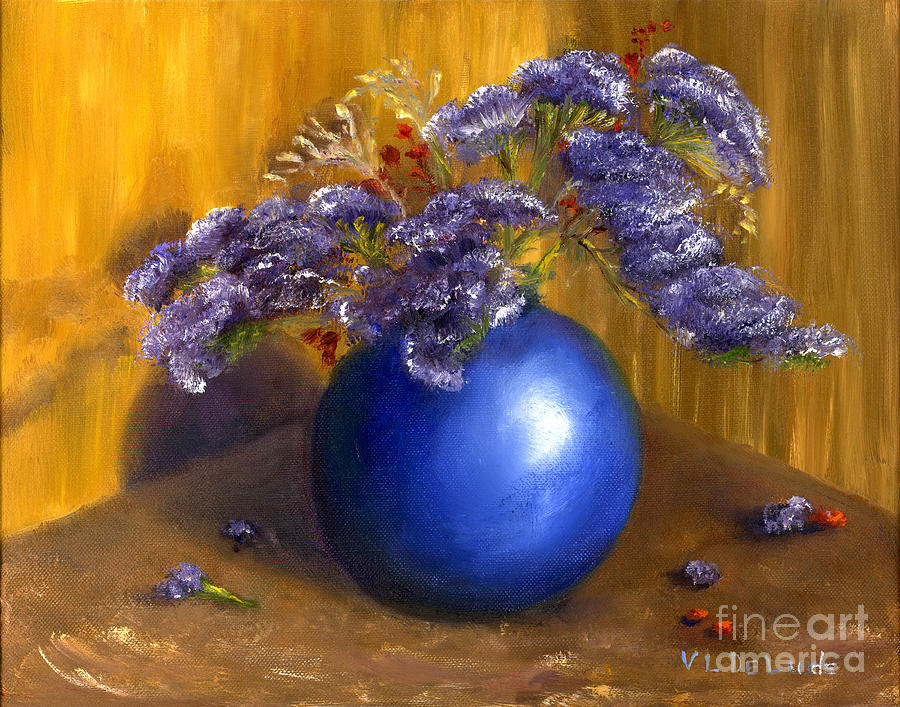 900x707 Hand Painted Still Life Blue Vase Purple Flowers Painting By - Blue Vase Painting