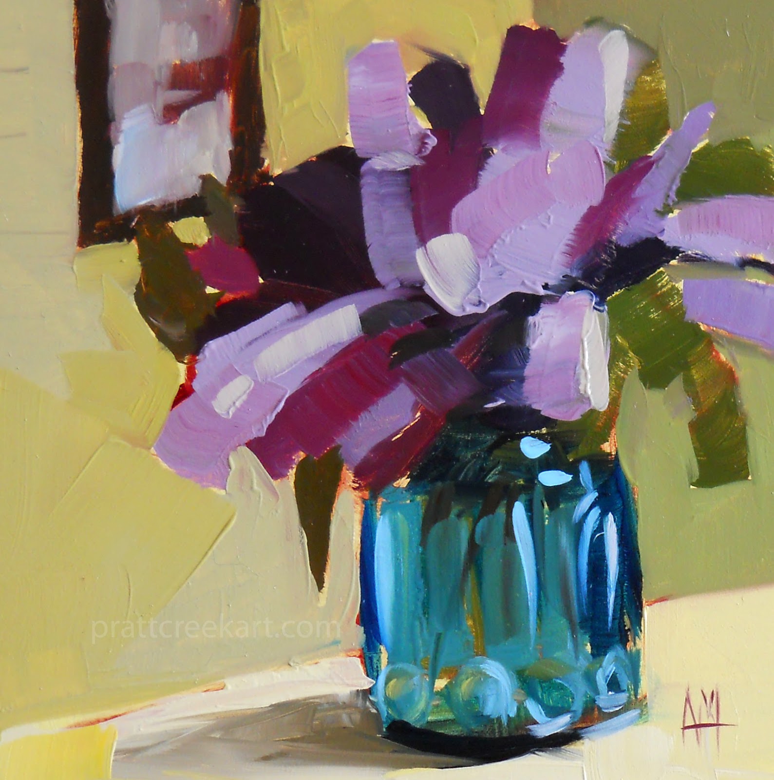 1589x1600 Lilacs In Blue Vase Painting Angela Moulton's Painting A Day - Blue Vase Painting
