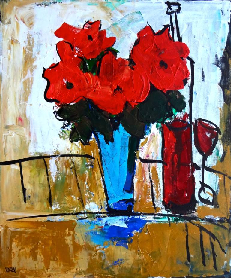 770x925 Saatchi Art Red Flowers In Blue Vase Painting By Mutlu Ertac - Blue Vase Painting