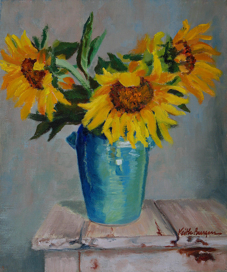 750x900 Sunflowers In Blue Vase Painting By Keith Burgess - Blue Vase Painting